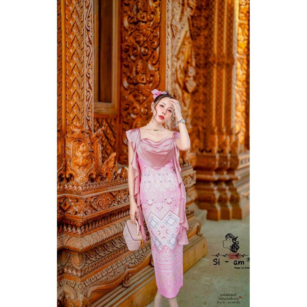 เดรสยาว ลายไทย สีชมพู สวยมากๆ งานป้าย si-am