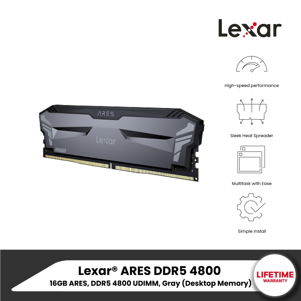 Lexar® ARES DDR5 4800 16GB ARES, DDR5 4800 UDIMM, Gray (Desktop Memory) แรมสำหรับพีซี (5DU016GR4800G