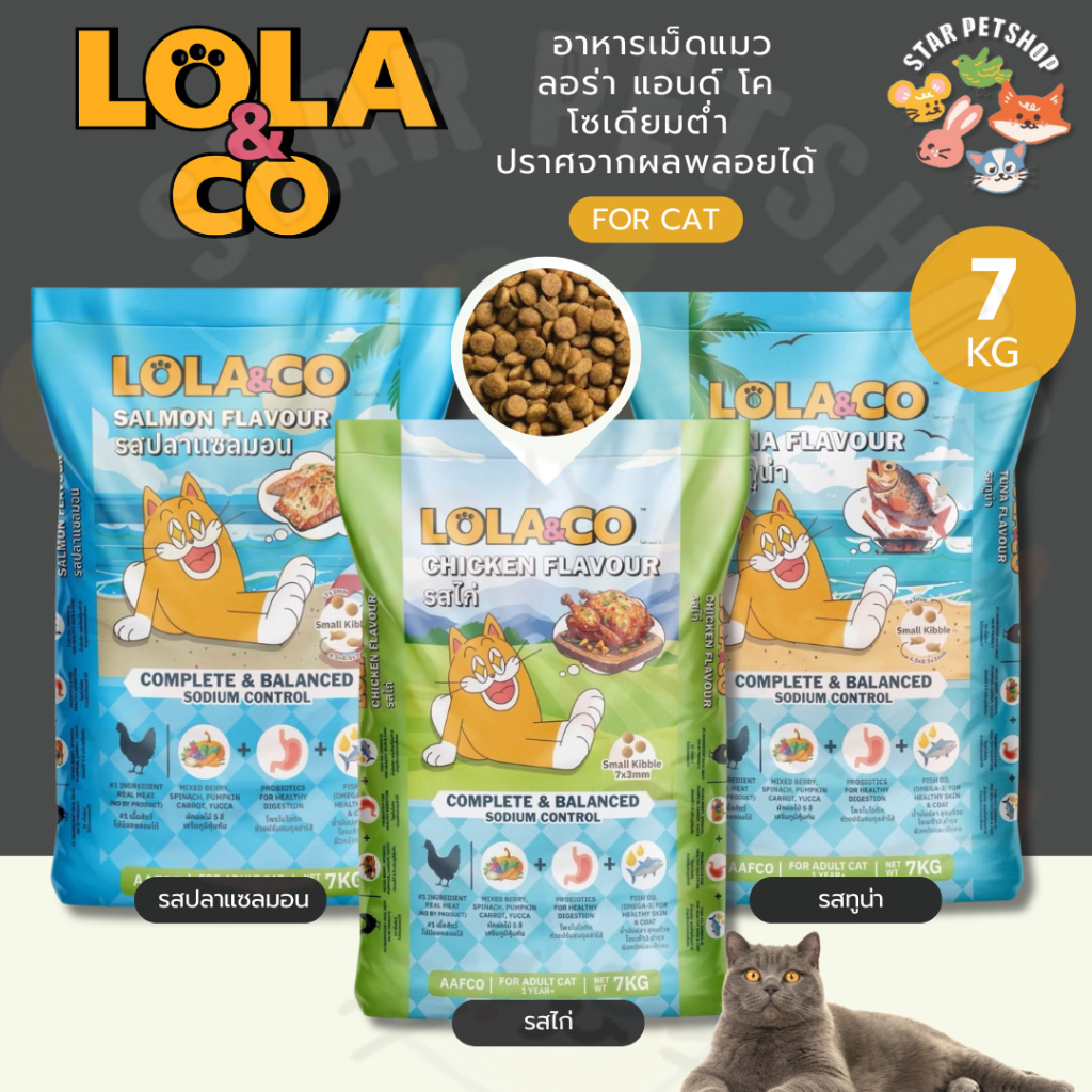 Lola&Co ลอร่า แอนด์ โค อาหารแมวแบบเม็ดพรีเมียม เนื้อไก่ และทูน่า ดูแลไต ควบคุมโซเดียม ปราศจากผลพลอยได้ 7 กิโลกรัม