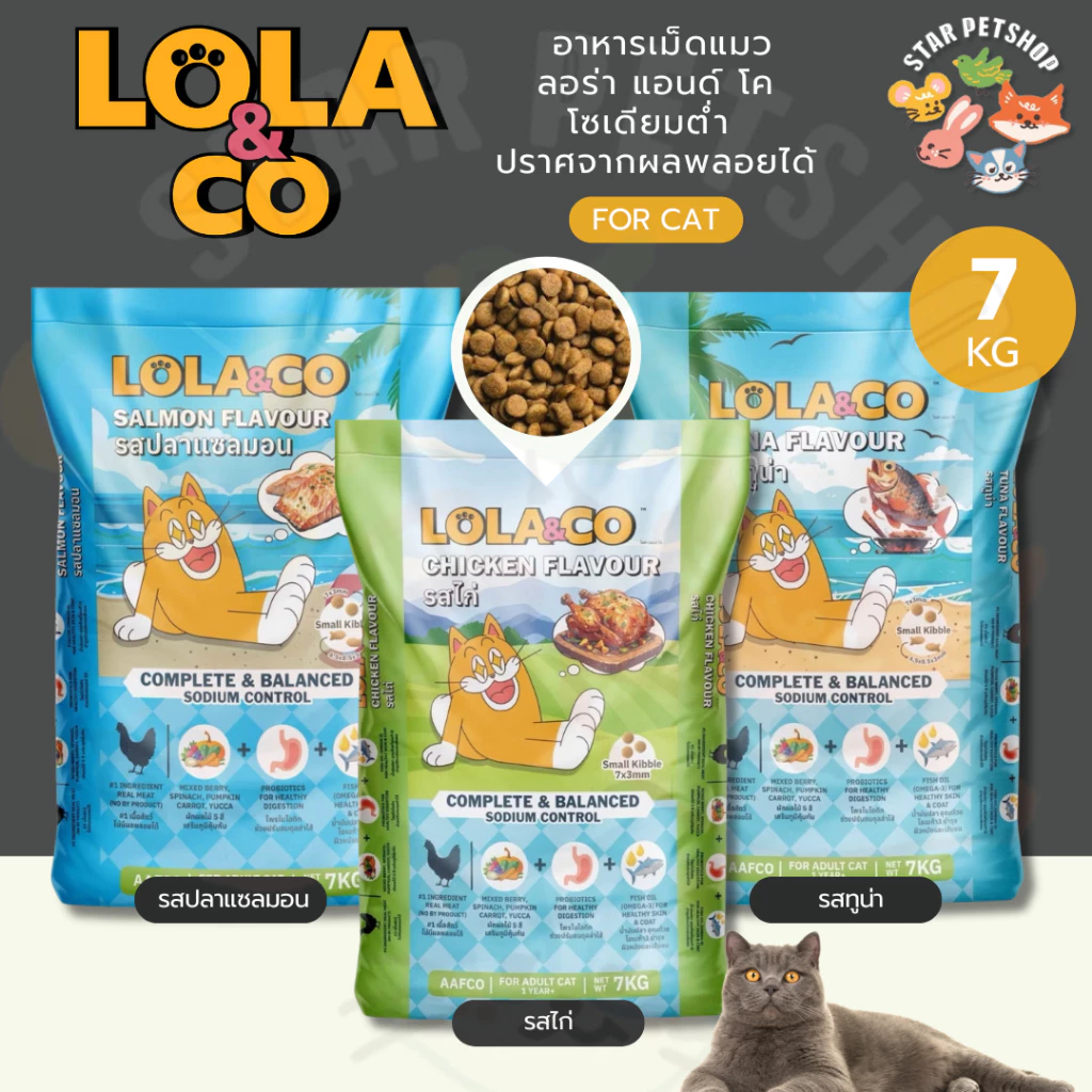 Lola&Co ลอร่า แอนด์ โค อาหารแมวแบบเม็ดพรีเมียม เนื้อไก่ และทูน่า ดูแลไต ควบคุมโซเดียม ปราศจากผลพลอยได้ 7 กิโลกรัม