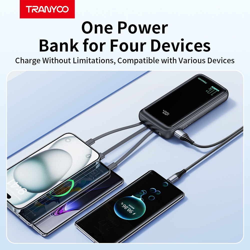 TRANYOO TIS 20000mAh power bank with 4 built-in charging cables, Mi&ro/Type-C/Light&ing/USB power display, fast charging - รูปที่ 2