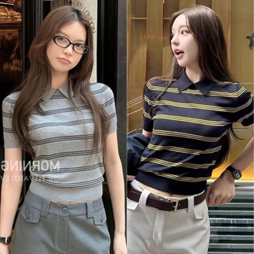 พร้อมส่ง🩵เสื้อคอปก ลายทาง แมชชิ่งได้ ดูดีมีสไตล์ ใส่ชิกๆเท่มาก