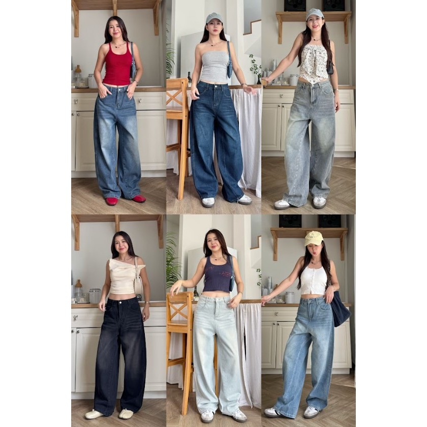 HELLDUL 9902  กางเกงยีนส์เอวสูง ขากระบอกใหญ่  เอวเข้ารูป ใส่สบาย ผ้าไม่บาดผิว