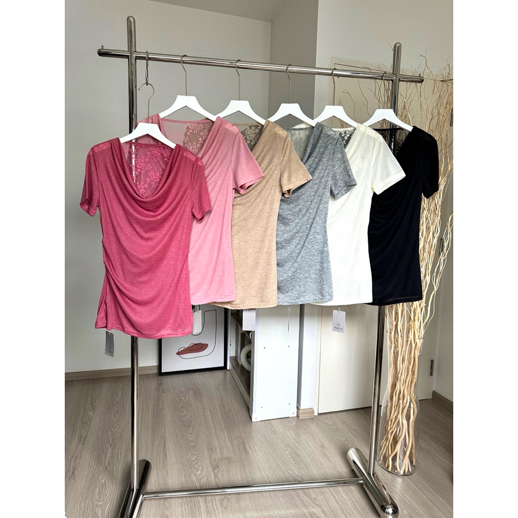 266 เสื้อคอถ่วงแขนสั้นแต่งลูกไม้ในตัว (ผ้ายืดเนื้อนุ่ม)