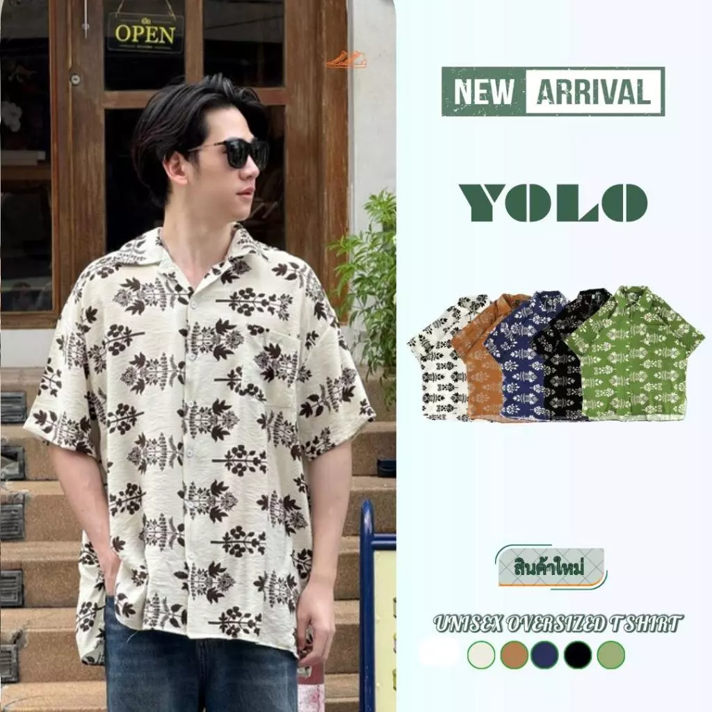 YOLOเสื้อเชิ้ตFREE SIZEเสื้อเชิ้ตแขนสั้น เนื้อผ้าดี ใส่สบาย ผ้าพิมพ์ลายทั้งผืน Y25002