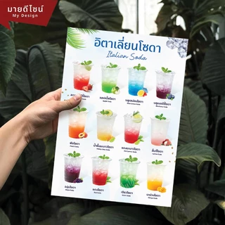 เมนูอิตาเลี่ยนโซดา Italian Soda เย็นสดชื่น ขนาด A4/A3 พื้นขาว เคลือบใสกันน้ำ!