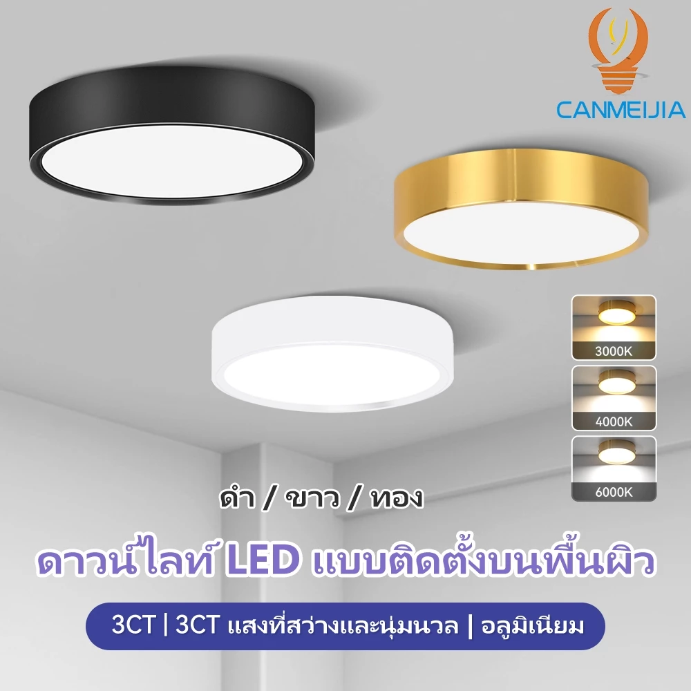 CANMEIJIA ไฟดาวน์ไลท์ LED 3 สี โคมไฟเพดาน ติดตั้งง่าย สำหรับห้องนอน ห้องครัว Downlight ไฟเพดานled โคมไฟติดเพดาน โคมเพดาน