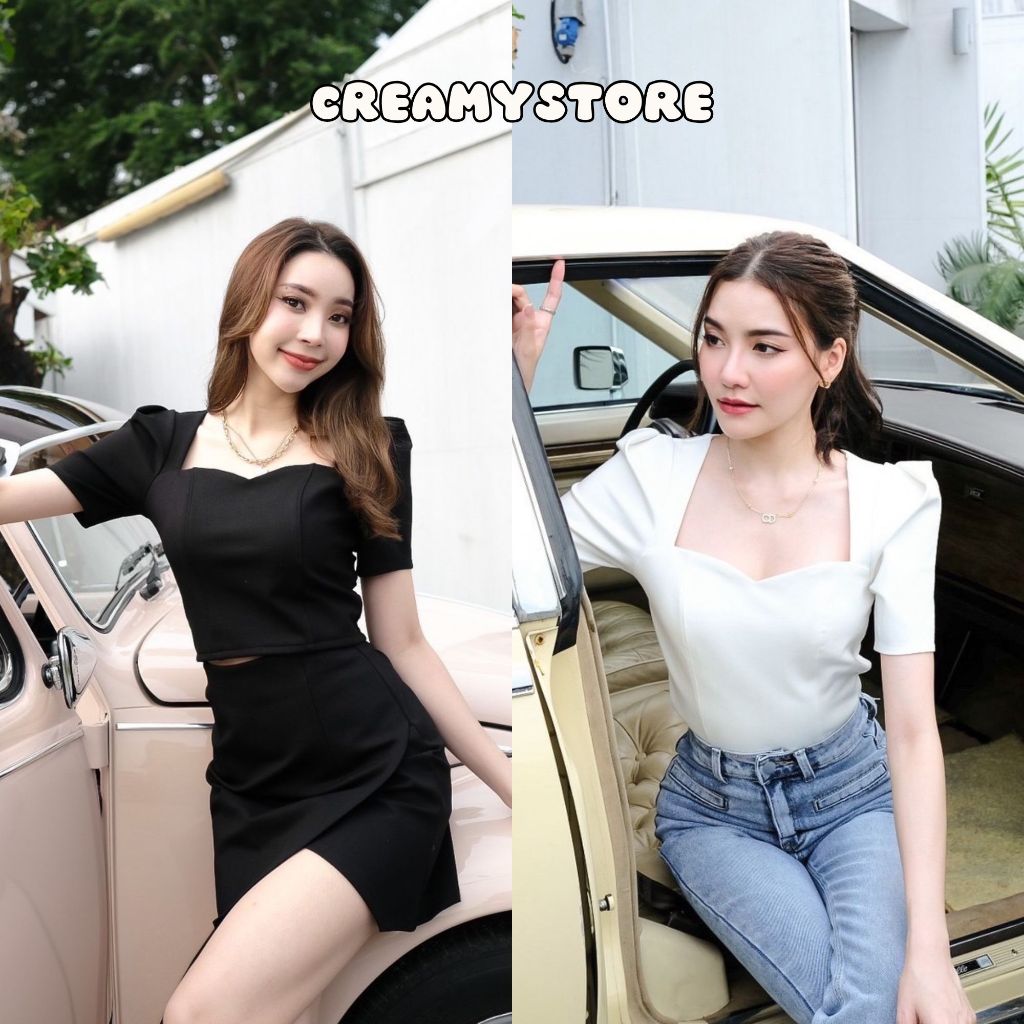 CreamyStore เสื้อครอปหัวใจ ผ้าเทพแขนทรงเจ้าหญิง งานป้ายPrisana