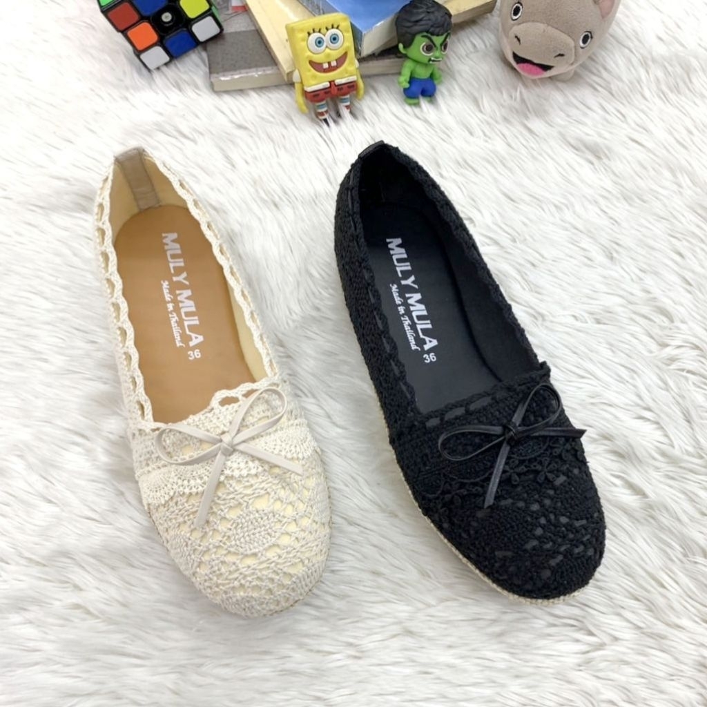 💥คัชชูลูกไม้ #ส้นแบน #ถักโครเชต์  ตกแต่งด้วยโบว์🎀 น่ารักๆด้านหน้า...พร้อมส่ง✅