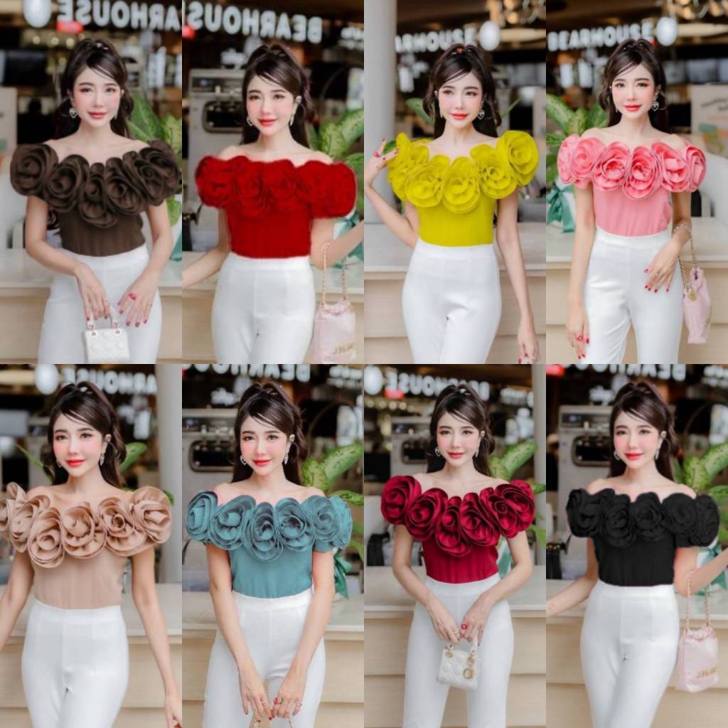 🐣พร้อมส่ง🐣เสื้อครอปปาดไหล่ดอกกุหลาบ8ดอก ด้านหลังมีสม้อคยืดได้เยอะ ใส่ได้หลายแบบเกาะบ่าได้ ขึ้นไหล่ได้