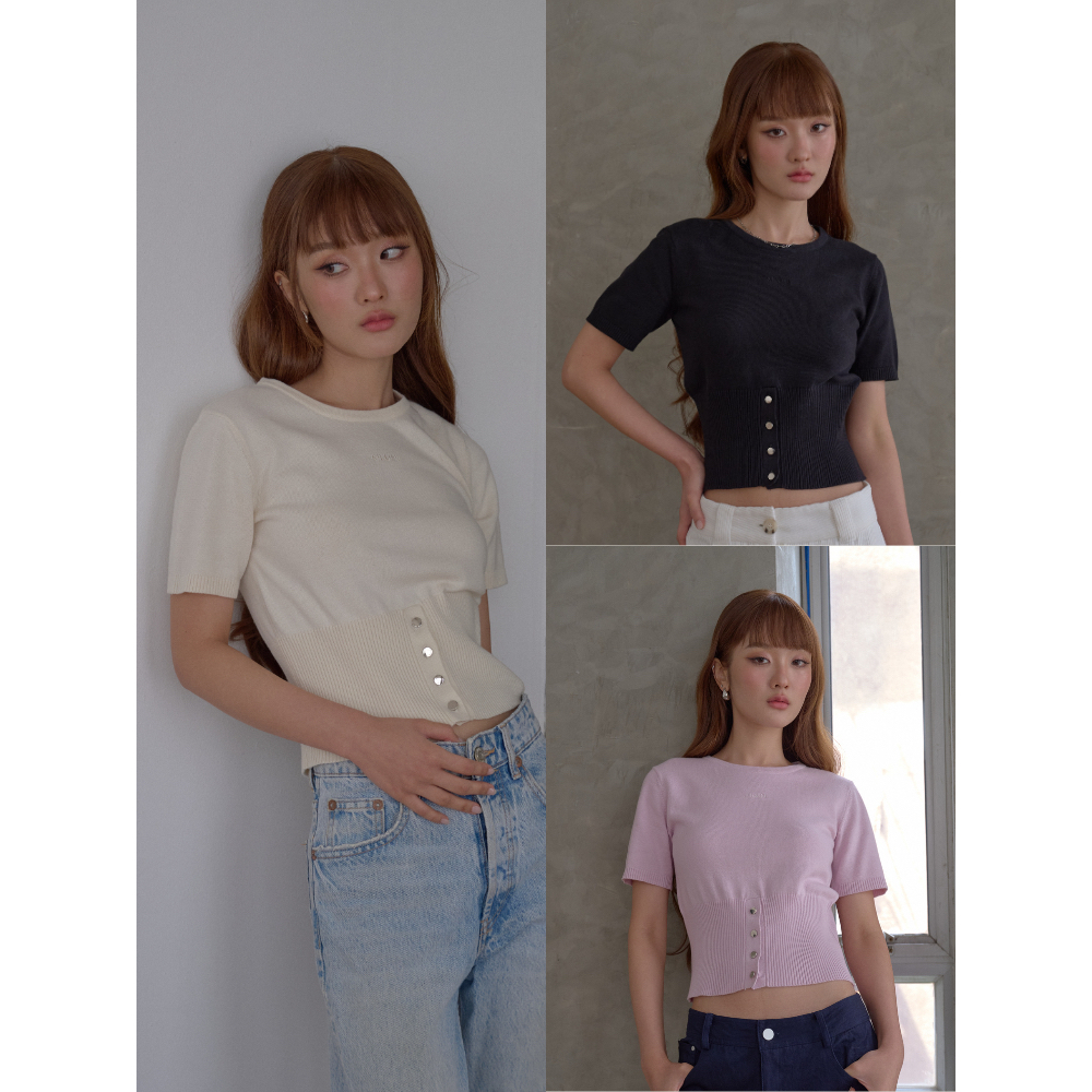 AILUMI – Silver Hour Top เสื้อคอกลมไหมพรมดีไซน์จั๊มเอว กระดุมเหล็ก ทรงสวย ใส่แล้วหุ่นดีมาก