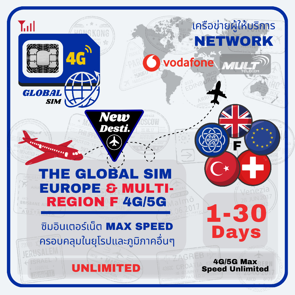 Europe Multi-Region F SIM ซิมสหภูมิภาคยุโรป Vodafone Multi-Telecom 3 -30 Days 4G/5G Max speed Unlimi