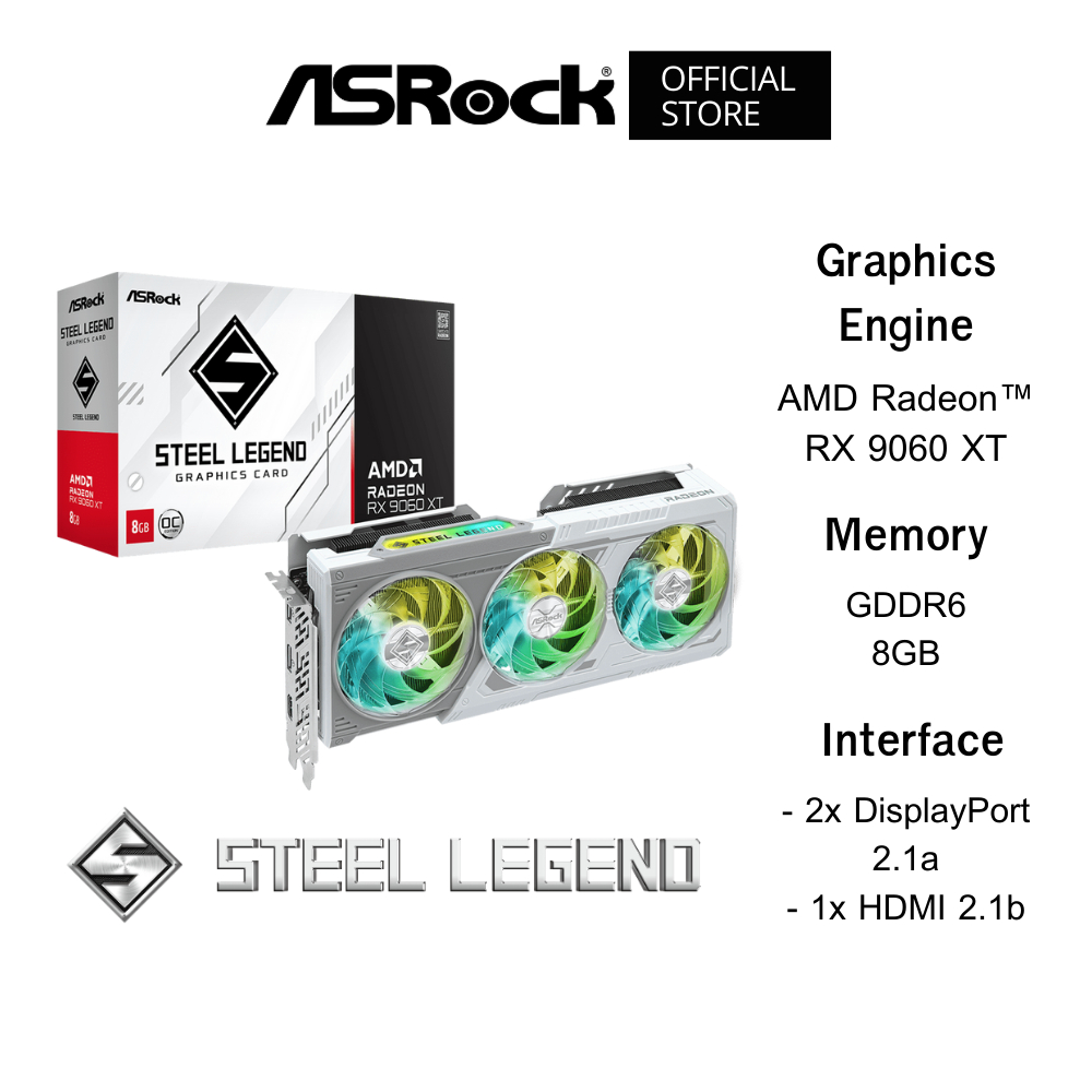 ASROCK AMD Radeon™ RX 9060 XT Steel Legend 8GB OC VGA Card (การ์ดจอ) GDDR6 on 128-Bit Memory Bus