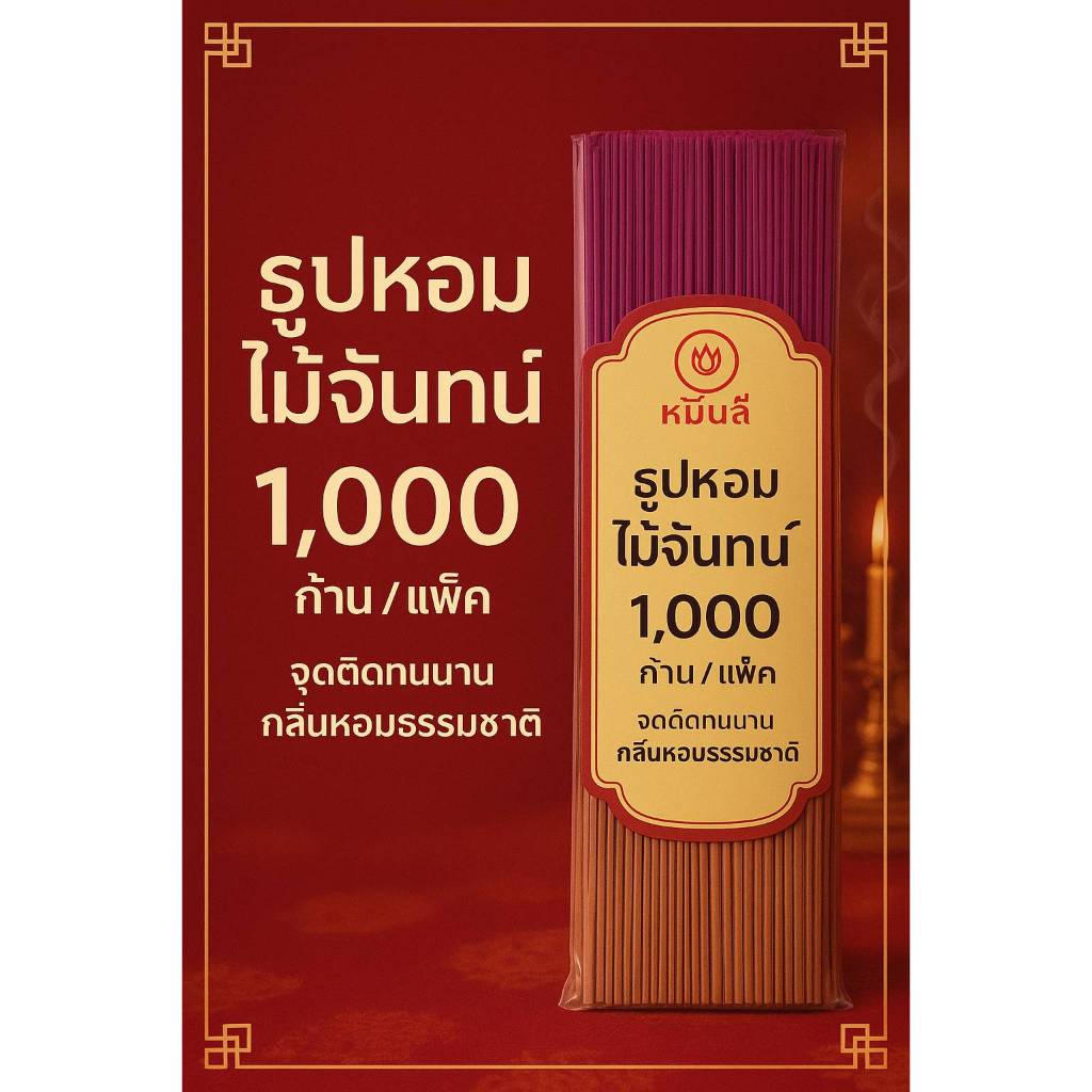 (1 ห่อ) ธูปหอมห่อใหญ่ 1000 ก้าน ก้านเล็กพิเศษ 0.8 มม ไม้จันทน์แท้ กลิ่นผงไม้ธรรมชาติ ควันน้อย เหมาะสำหรับใช้ในห้องแอร์