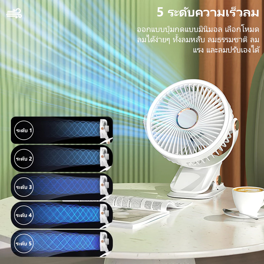พัดลม 6 นิ้ว พกพา พัดลมไร้สาย หมุนปรับได้ 360 องศา ปรับได้ 5 ระดับ พัดลมไร้เสียง มีไฟ คลิปแฟน พัดลมแคมป์ปิ้ง Clip Fan thumbnail 8