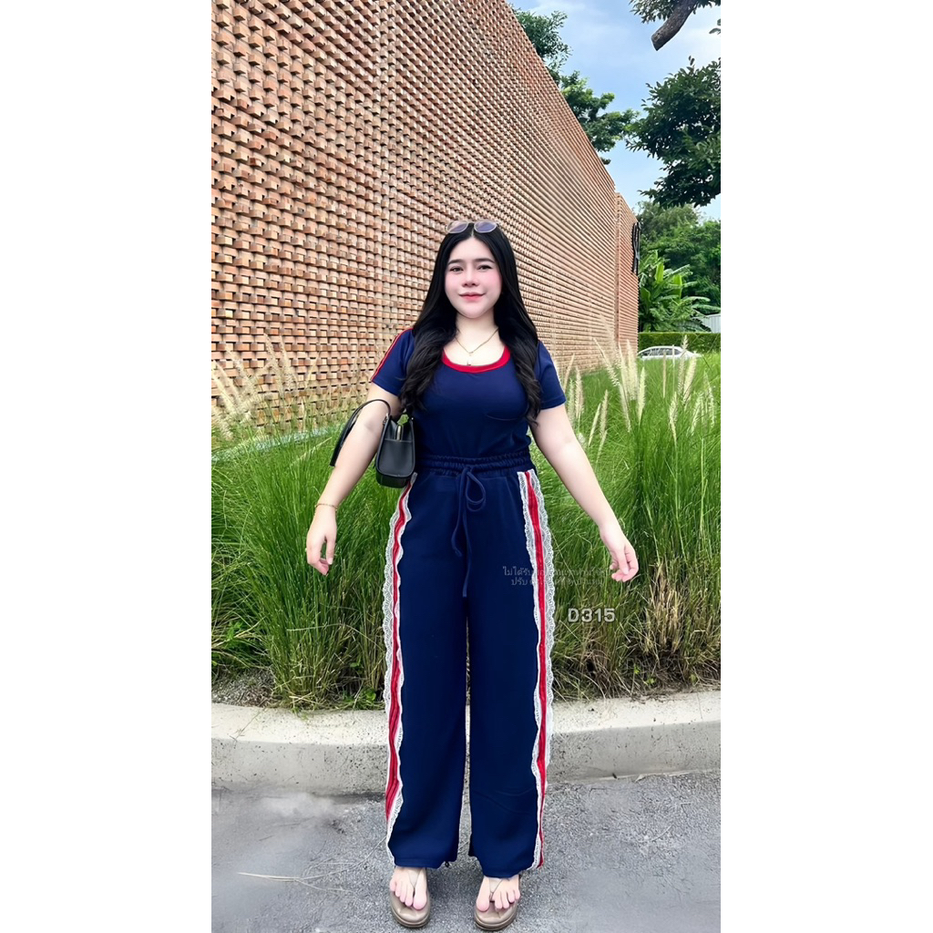 L27-S3S1💕 เซ็ตเสื้อครอปกางเกงแต่งลูกไม้  เซ็ต2ชิ้น เสื้อคอเหลี่ยม+กางเกงแต่งแถบลูกไม้ ผ้าวูลเวฟยืดเย