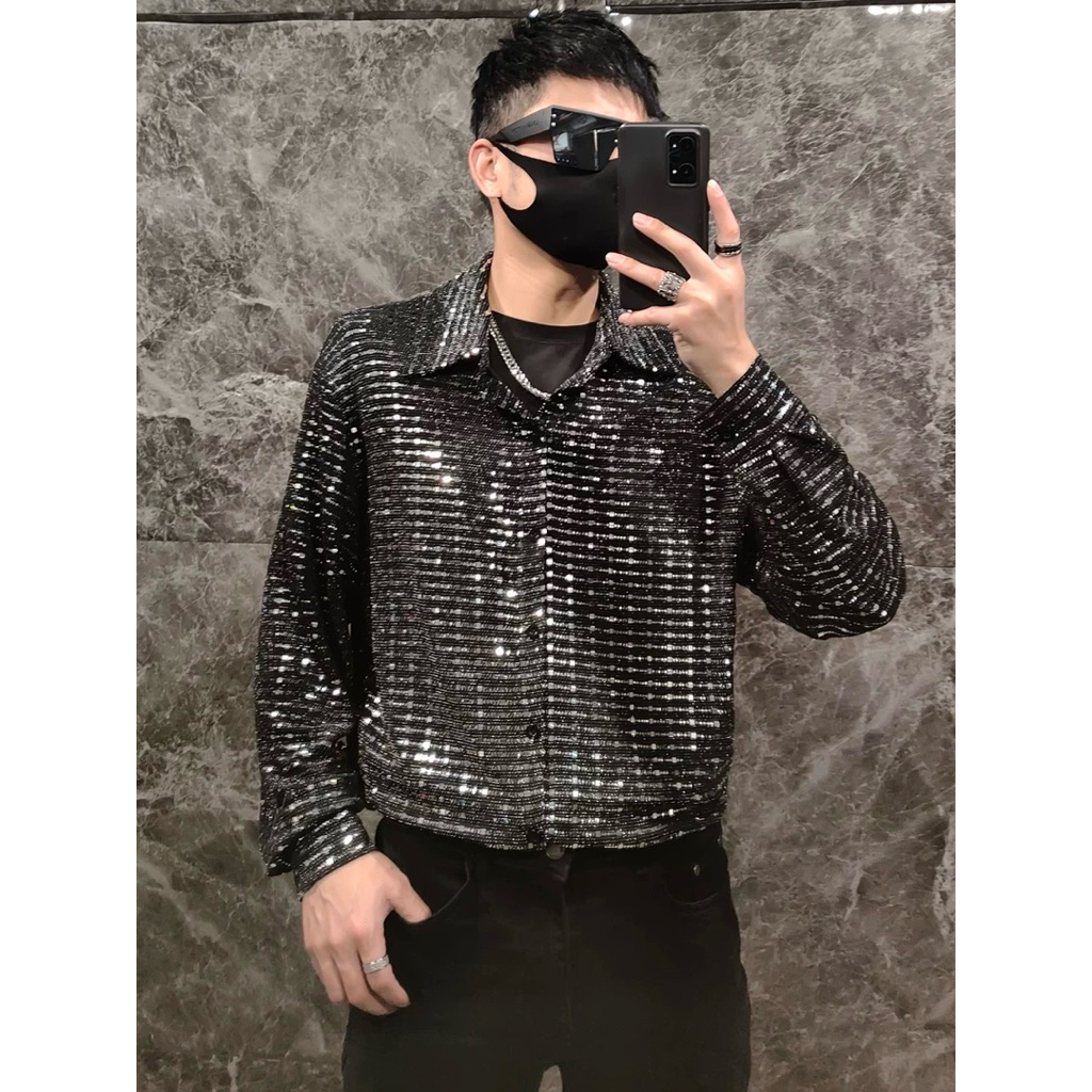 พร้อมส่งในไทย เสื้อเชิ้ตแขนยาวสีดำคุณผู้ชาย วิ้งวับเล่นแสงสุด ผ้าดีใส่สบายM-4XL