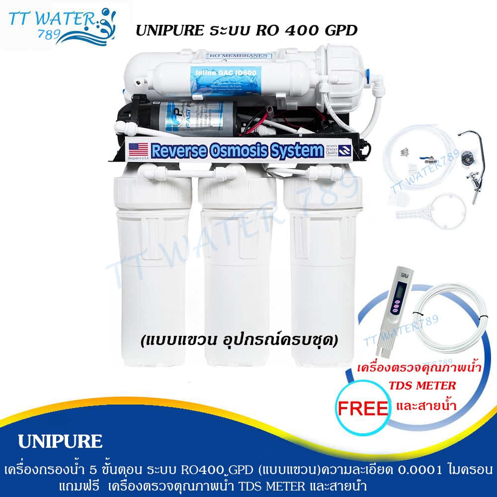 UNIPURE เครื่องกรองน้ำระบบ RO 400 GPD  5 ขั้นตอน  (แบบแขวน) กรองละเอียด 0.0001 ไมครอน ประกัน 1 ปีฟรี เครื่องวัดค่าน้ำ
