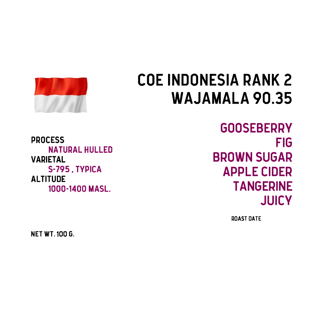 เมล็ดกาแฟคั่ว Indonesia Wajamala COE Rank 2   100g.