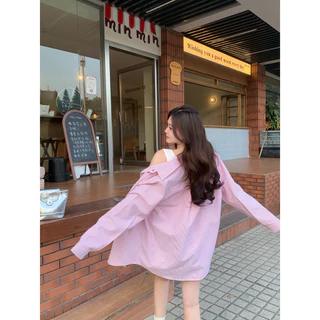 เสื้อเชิ้ตลายทางสไตล์เกาหลี สีชมพู-น้ำเงิน ลายปัก แขนยาว กันแดด ทรงหลวม ลำลอง