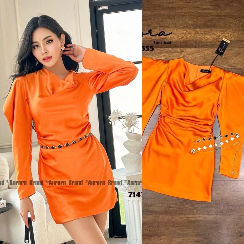 พร้อมส่ง XS-XL⚡️AR 7147 ชุดเดรสสุดหรู โทนสีส้มแบบฉบับผู้ดี+สร้อยเอว