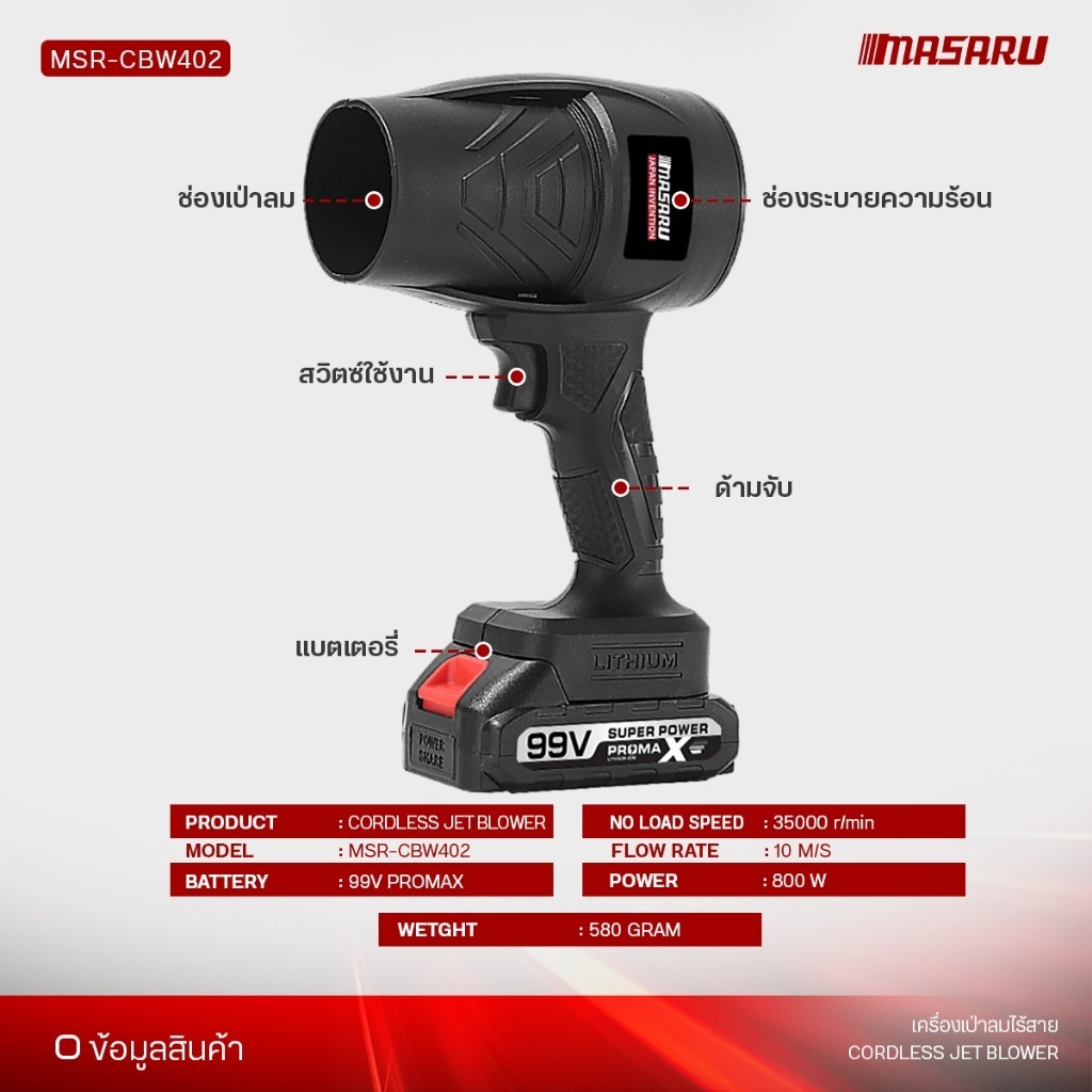 MASARU เครื่องเป่าลม พัดลมเจ็ท Blower เครื่องเป่าลมไร้สาย เครื่องเป่าลมไฟฟ้า 800W เป่าลมเทอร์โบ - รูปที่ 7