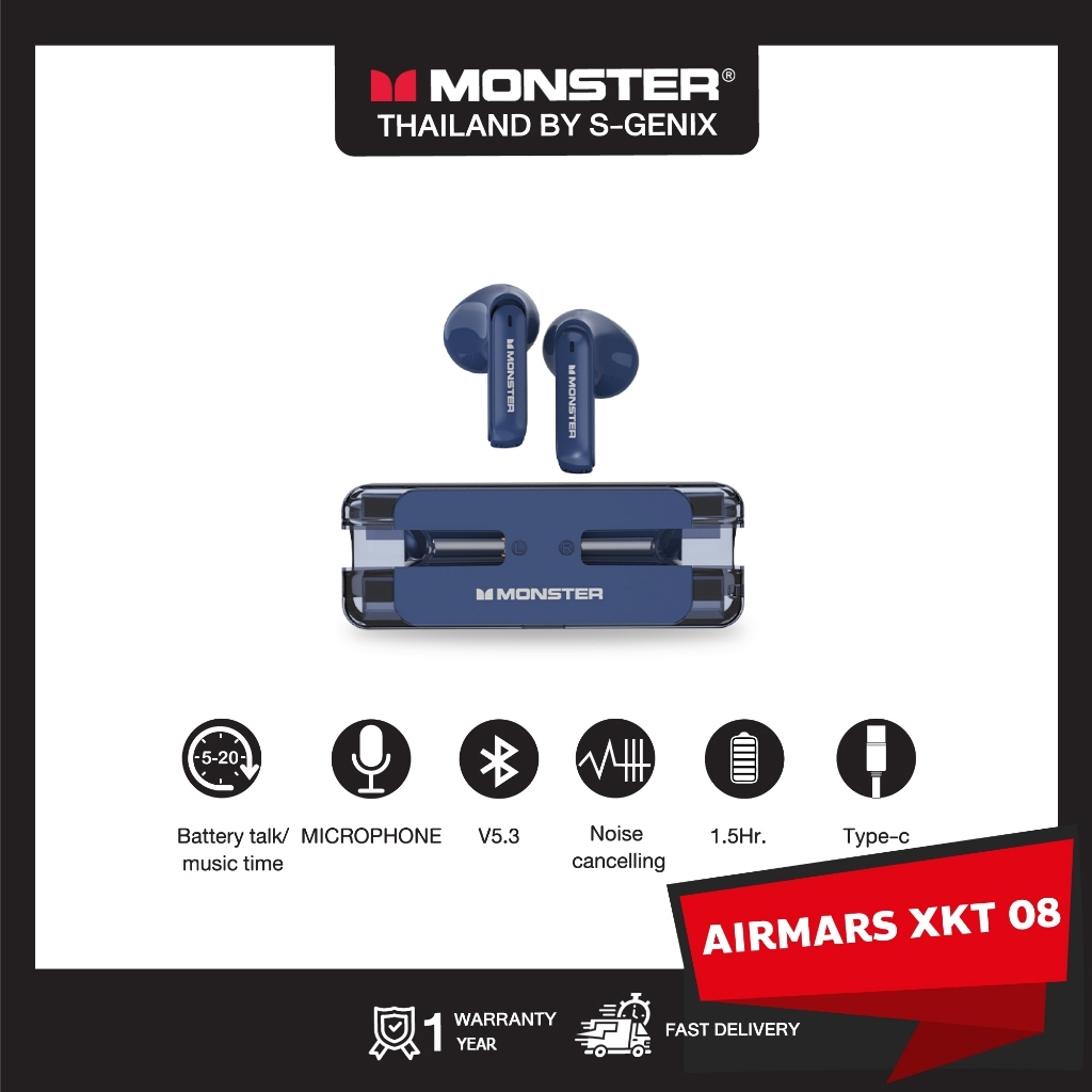 【10.25 ฟรี! Sticky Pad】MONSTER หูฟังบลูทูธไร้สาย รุ่น XKT08 - สีฟ้า - รับประกัน 1 ปี