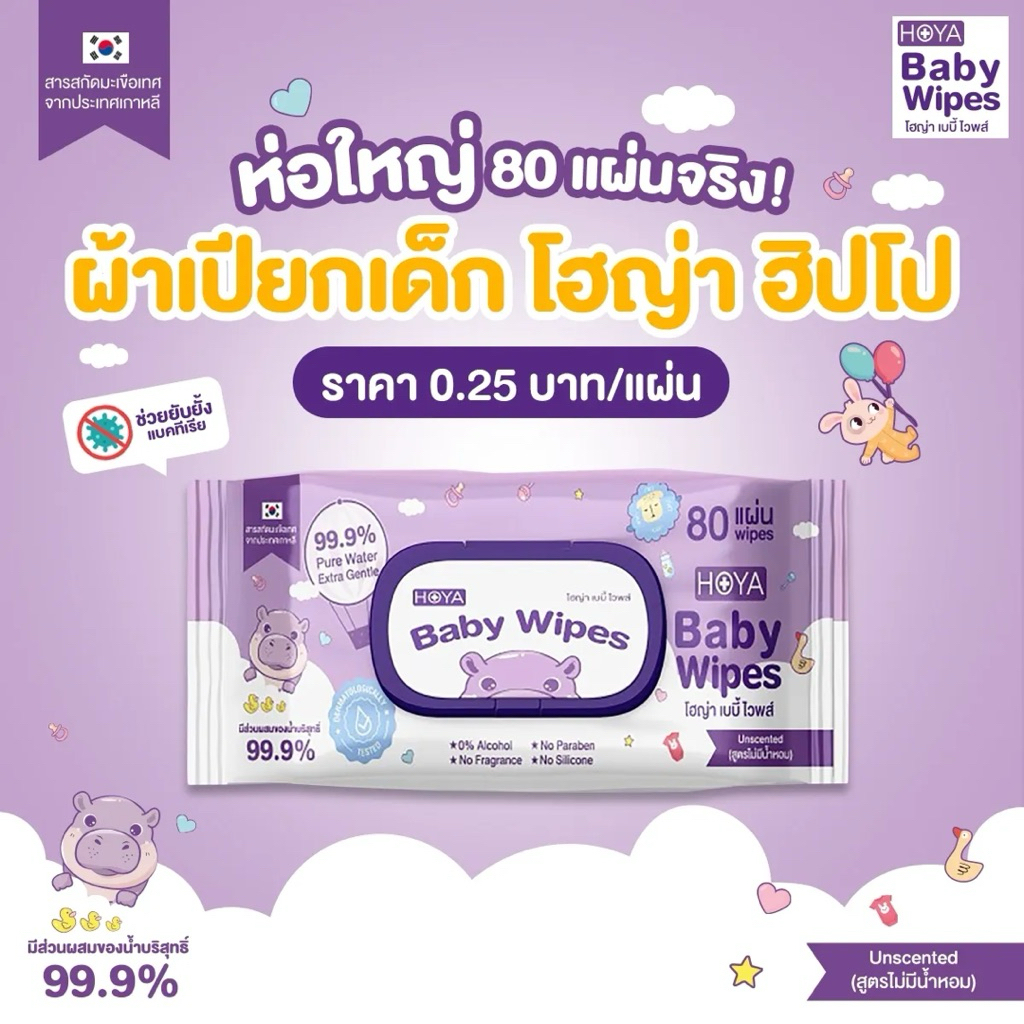 ทิชชู่เปียก HOYA Baby Wipes สูตรอ่อนโยน น้ำบริสุทธิ์ 99.9% ไม่มีแอลกอฮอล์ 80 แผ่น/ห่อ