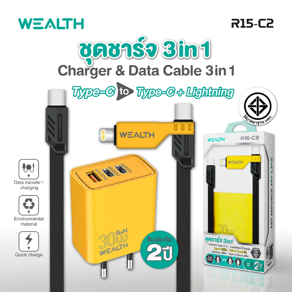 WEALTH ชุดชาร์จ 3in1 รุ่น R15-C2  หัวชาร์จ GaN 30W พร้อมสายชาร์จ ชาร์จไว มีประกัน 2 ปีเต็ม