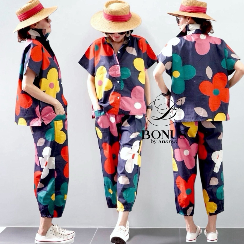 ชุดเช็ตคอตตอนญี่ปุ่นเสื้อเเขนสั้นจับคู่กางเกงขายาวปลายขาจีบ