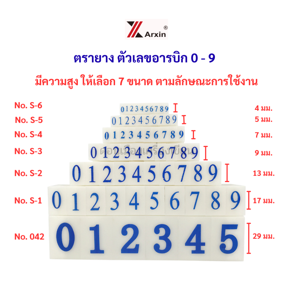 ตรายางปั๊ม ตัวเลข อาร์บิก 0 - 9 มีทั้งหมด 7 ขนาด ให้เลือก ยี่ห้อ Arxin