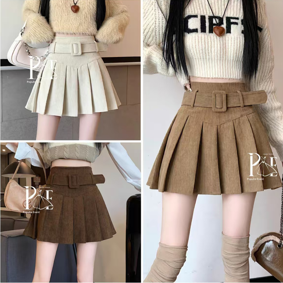 พร้อมส่ง กระโปรงลูกฟูก เอวสูง ซิปข้าง เข็มขัดผ้า จับจีบรอบตัวสีคลุมโทน แฟชั่นสไตล์ Y2K Clothing ผู้หญิง