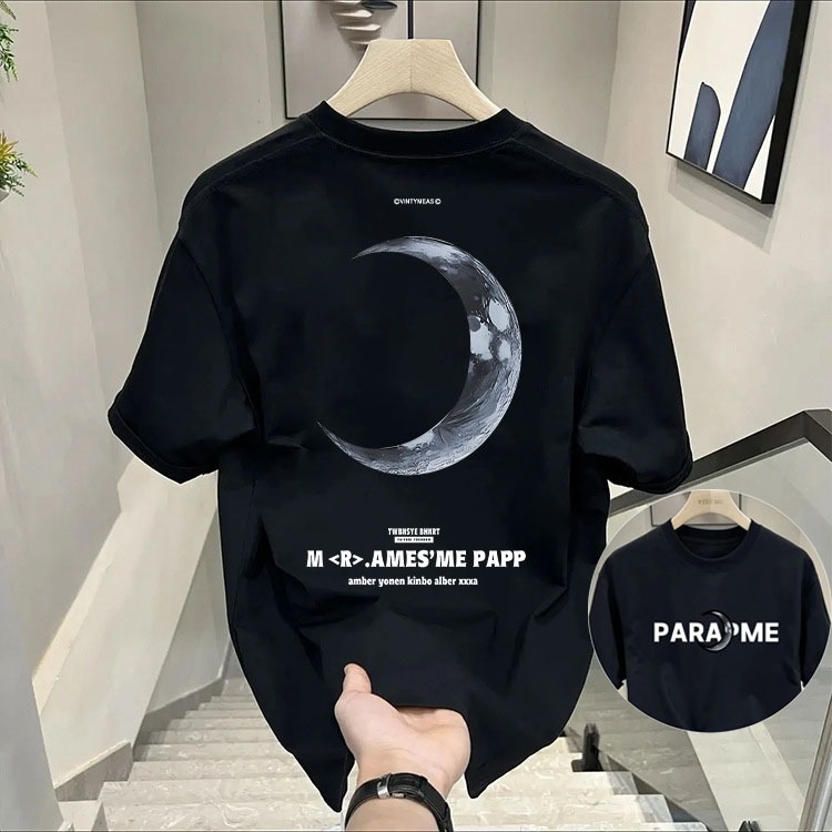 100%cottonคอกลมแขนสั้นวัยหนุ่มสาวดวงจันทร์พิมพ์ลายเสื้อยืด oversizeผู้ชายsummerเสื้อเท่ๆชุดคู่รักt shirt S-3XL