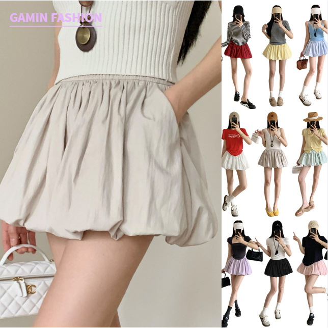 Gamin-H1849🍒 กระโปรงสั้นทรงพองๆ เอวสม๊อค มีกางเกงซับใน มีกระเป๋า กระโปรงบอลลูนสุดฮิต สีสวยทรงน่ารัก