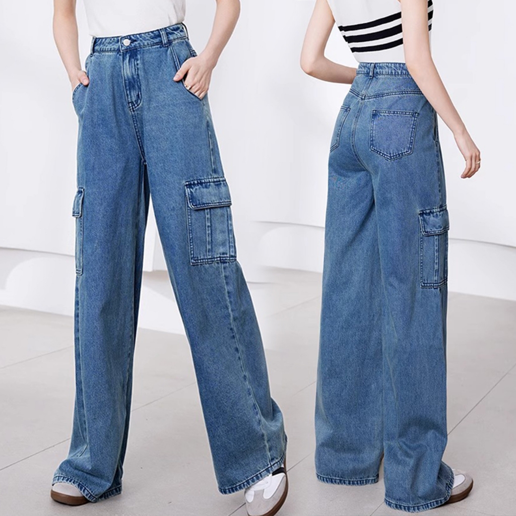 S~5XL Baggy overalls for women Navy Blue jeans กางเกงช่างทรงตรงแฟชั่น กางเกงผ้าฝ้ายหลวมใส่สบายและเข้ากับทุกชุด HOT