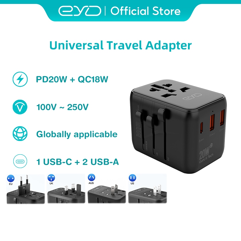 EYD SN320Pro อะแดปเตอร์แปลงไฟอเนกประสงค์ ชาร์จเร็ว Travel Adapter หัวแปลงปลั๊กต่างประเทศ 200 ประเทศ