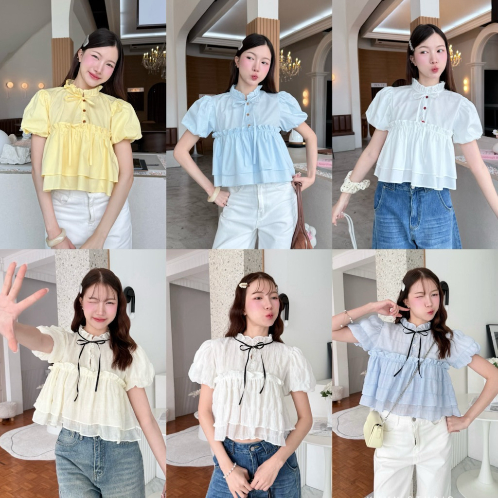 Sweet Puff Ruffle Blouse เสื้อแขนตุ๊กตาแต่งระบายคอจีนสุดน่ารัก