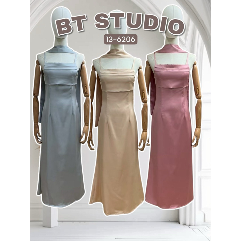 BT 13-6206 เดรสยาว สายเดี่ยว ตีเกล็ด สองชั้นด้านหน้า ช่วงอกเสริมฟองน้ำ มาพร้อมผ้าพันคอ มีซิปหลัง ใส่
