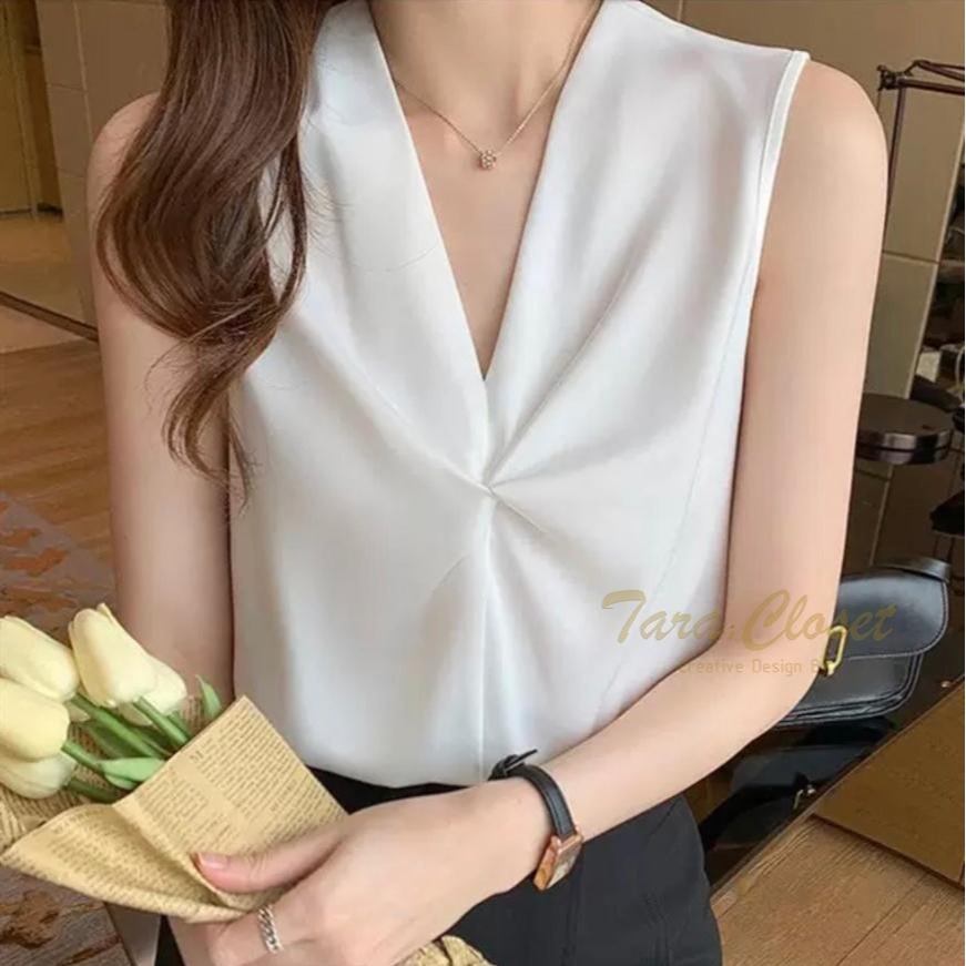 Z030 TARA Sleeveless shirt เสื้อคอวี แขนกุด แต่งอกเกรียว เนื้อผ้าซาร่าหน้าเงา ทรงน่ารักมาก ผ้านุ่มลื่น ผ้าเงา ใส่สบาย