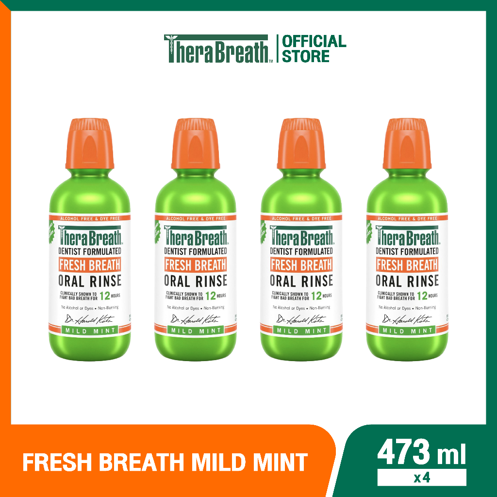 [แพ็คx4] TheraBreath สูตร Mild Mint 473 ml น้ำยาบ้วนปาก ลดกลิ่นปาก ไม่มีแอลกอฮอล์