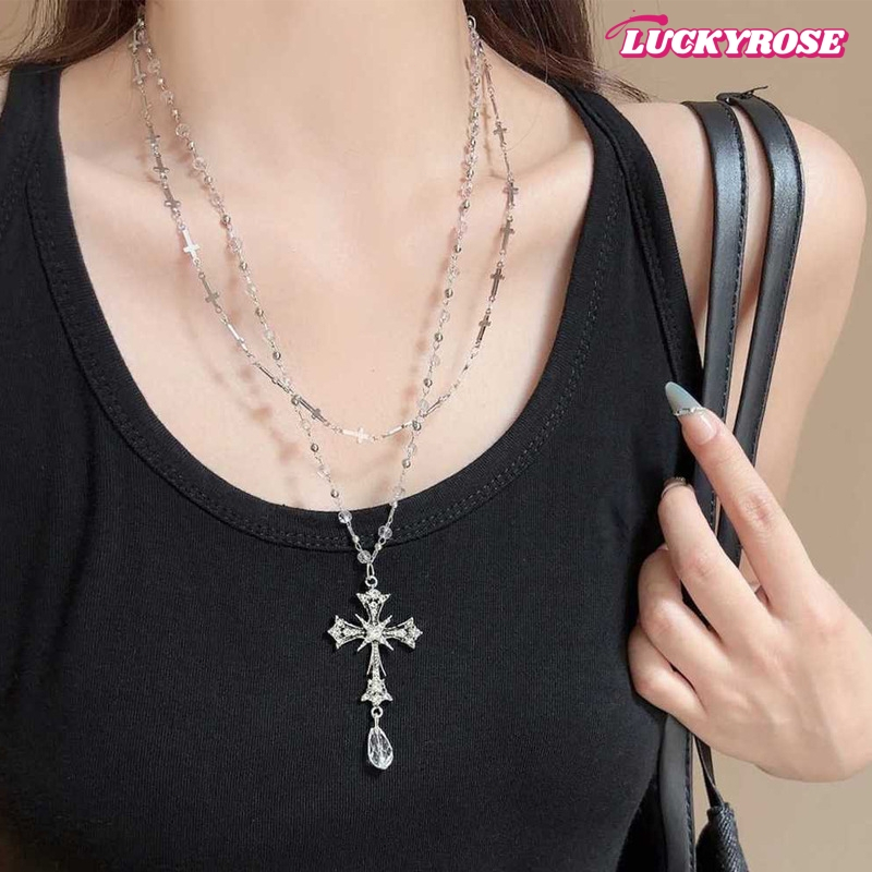 LUCKYROSE สร้อยคอสองชั้นซิลเวอร์ครอส สไตล์ Sweet & Cool สำหรับผู้หญิง แบบคล้องคอ