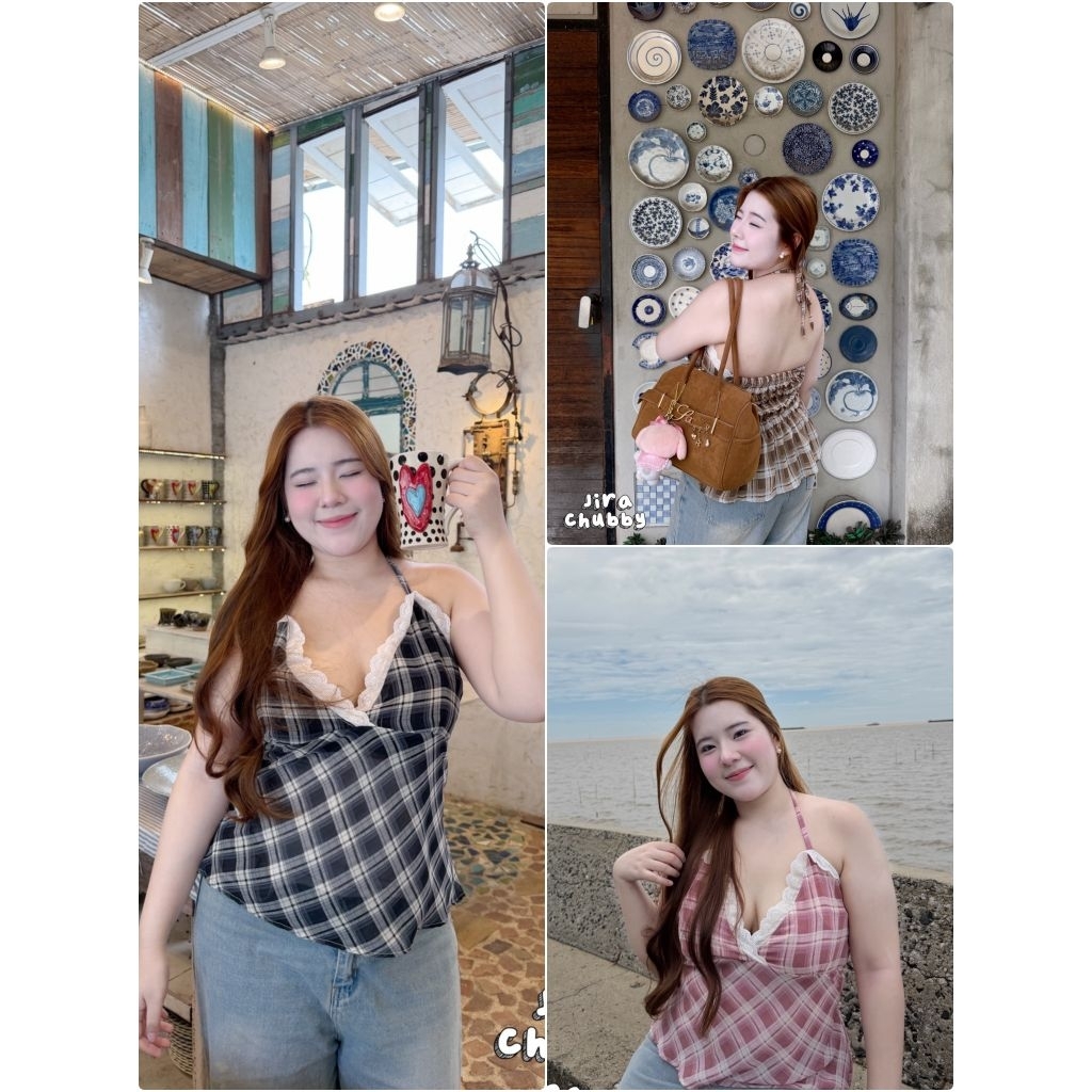 เสื้อคล้องคอ ลายสก็อตสาวอวบ สม็อคหลังยืดเยอะ มีซับใน