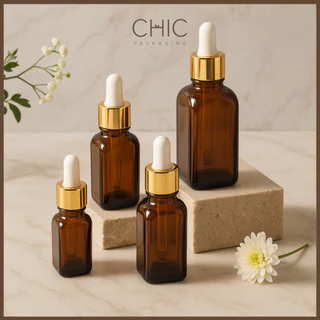 พร้อมส่ง ขวดแก้วสี่เหลี่ยมสีชา 10/20/30/50/100ml จุกดรอปเปอร์ฝาสีทอง ขวดรอปเปอร์ ใส่เซรั่ม ขวดแบ่ง