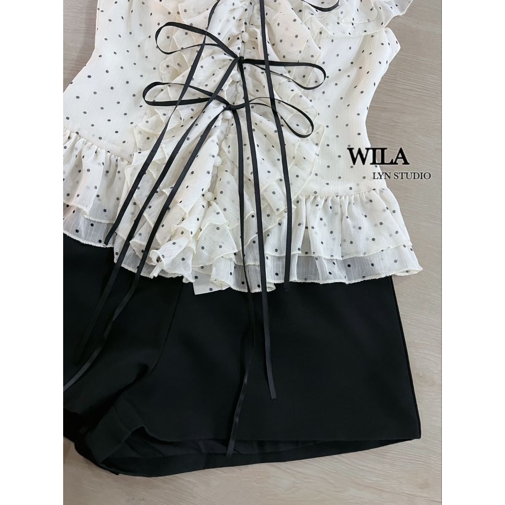 WILA  SETเสื้อ+กางเกงงานเสื้อทรงคุณหนูแต่งช่วงคอและบ่าระบายๆ ยาวลงมา ด้วยผ้าชีฟอง - รูปที่ 5