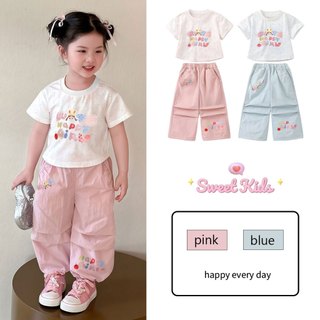 SweetKids พร้อมส่งจากกทม🌸ชุดเซ็ตเด็กผู้หญิงน่ารัก🍓ชุดแฟชั่นเด็กฤดูร้อน เสื้อแขนสั้นตัวอักษรและกางเกงคาร์โก้ สองชิ้น