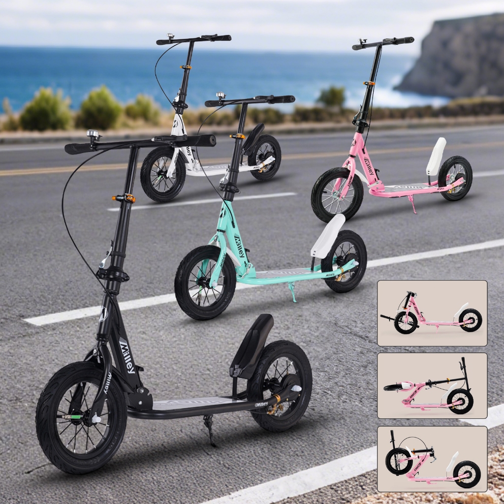 สกูตเตอร์ พับได้ Height adjustable ยาง 12 นิ้ว สีดำ/เขียว/ชมพู/ขาว Scooter เด็ก/Scooter เด็กโต/Scoot