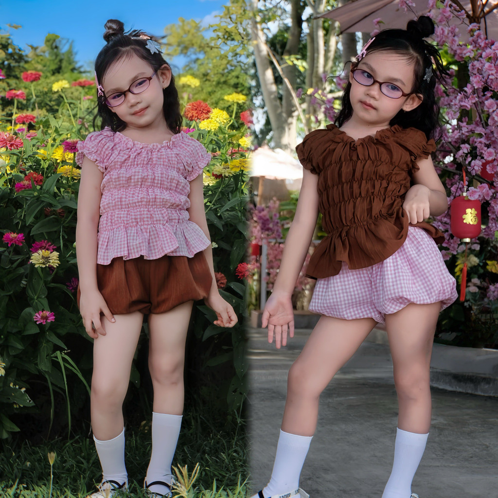 ชุดน้ำตาลชมพูหวานๆ 2ชิ้น  เสื้อและกางเกงบอลลูน