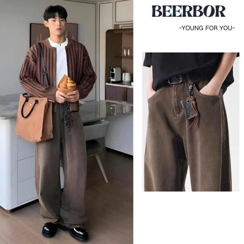 beerbroth-กางเกงยีนส์ชาย สีน้ำตาล กระบอกใหญ่ ใส่สบาย เท่ๆเข้ากับทุกแนว สไตล์วินเทจอเมริกัน แบบหลวม ขากว้าง แบบยาว