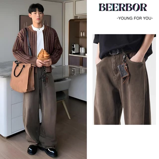 beerbroth-กางเกงยีนส์ชาย สีน้ำตาล กระบอกใหญ่ ใส่สบาย เท่ๆเข้ากับทุกแนว สไตล์วินเทจอเมริกัน แบบหลวม ขากว้าง แบบยาว