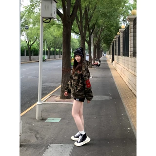 [Street style casual camouflage zip-up jacket]เสื้อแจ็คเก็ตลายพรางแฟชั่นซิปลำลองสไตล์สตรีทสำหรับผู้หญิงเกาหลี